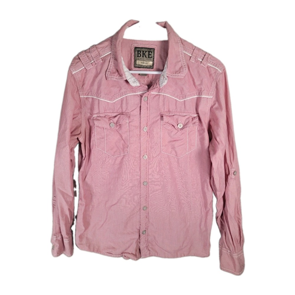 BKE Buckle Western Shirt Mens M Red White Stripe Slim Fit Roll Tab Long Sleeve